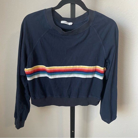 Mod Ref Navy Blue Rainbow Horizontal Strip Long Sleeve Top Size Medium - Picture 1 of 4